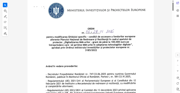 Granturi PNRR pentru digitalizare IMM: Ordin 2026 de modificare a ghidului, la finanțările de câte 20.000-100.000 EUR